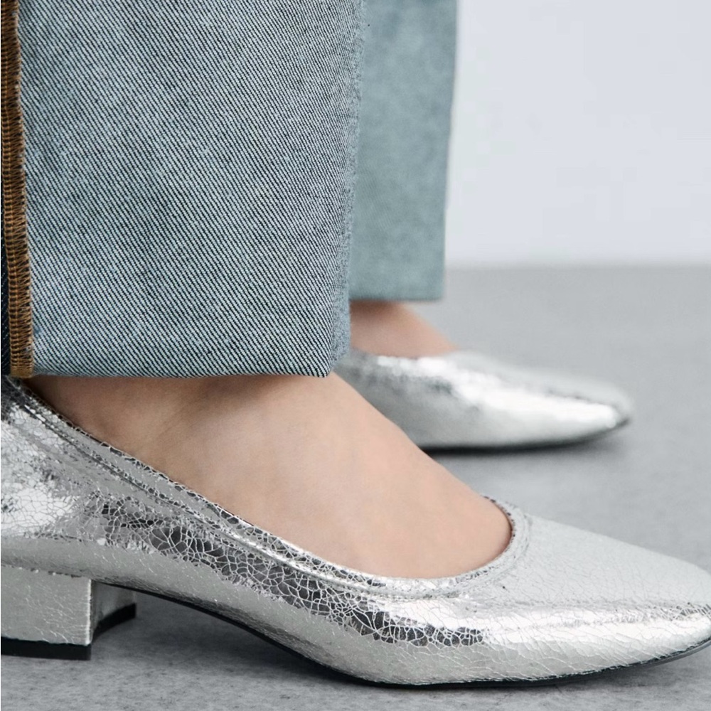Mango Metallic Silver Low Block Heel Shoes